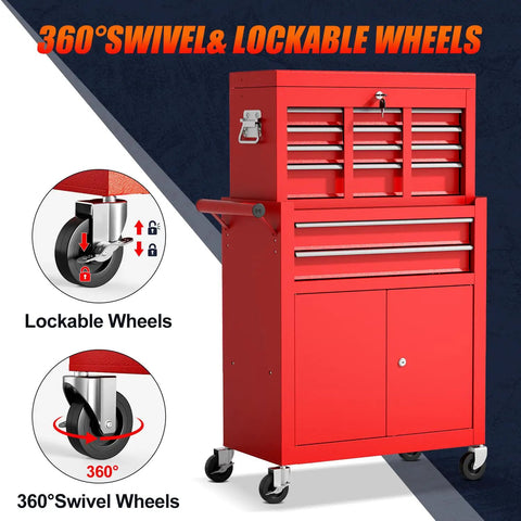 Heavy Duty 2 In 1 Detachable Tool Chest On Wheels With 10 Drawers Lockable Top Box And Bottom Cart A High Capacity Mechanic Organizer For Workshop Garage Adjustable Shelf Red Finish showing lockable and swivel wheels