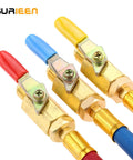 Close-up of R134A R410A R22 R12 Air Conditioning Charging Hoses And Ball Valve Set with color-coded red, yellow, blue hoses