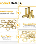 Product Details of Two Piece Brass Lamp Repair Hardware Kit With Brass Couplings, Lock Nuts, and Washers for DIY Projects.