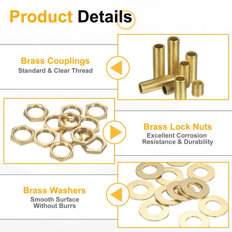 Two Pack Brass Lamp Repair Hardware Kit With 1.57 Inch Brass Pipe, Lock Nuts And Washers, One Quarter Inch NPT Threaded Nipples