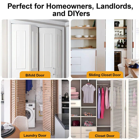 Collage of four door types: bifold, sliding closet, laundry, and closet doors; showcasing modern interior design.