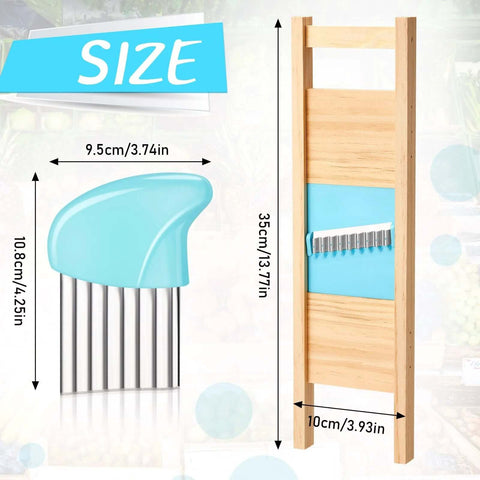 Two-piece blue wave waffle crinkle cutter set with stainless steel blades for potatoes and carrots