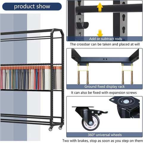 Heavy Duty Fabric Roll Storage Rack With Adjustable Textile Display Shelves And Slick Rolling Platform showcasing adjustable rods and wheels.