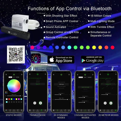 Shooting Star And Twinkle Fiber Optic Lights Kit control features and app interface for home and car use.