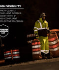 Worker wearing Hi Vis Winter Bomber Jacket With Reflective Quilted Insulation Class 3 Type R on road at night