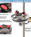 Emergency Eyewash And Shower Station Kit With Dual Nozzles And Built In Water Filter ANSI Z3581 Compliance OSHA Approved Safety Eyewash Shower Combo For Eye And Body Rinsing Ideal First Aid Station For Industrial And Lab Use, featuring dual nozzles, push valve, and stainless steel construction.