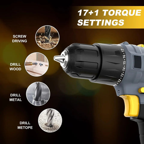 Close-up of cordless drill showing 17+1 torque settings with example uses for the 77 Piece Cordless Drill And Screwdriver Tool Set With 18V 20V Battery Charger