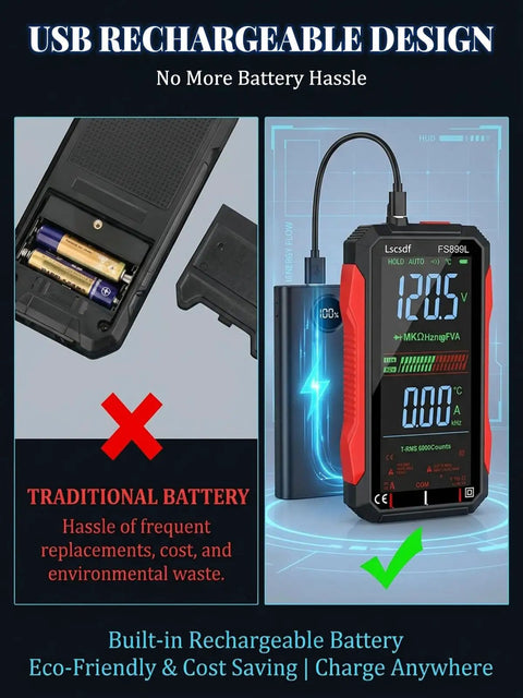 Go To 6000 Counts Digital Multimeter With Large Color Screen Backlight Auto Ranging True RMS Meter showing USB charging feature