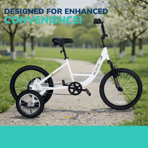 20 Inch Adaptive Training Wheel Bicycle For Beginners with white frame and smaller grips on a park path.