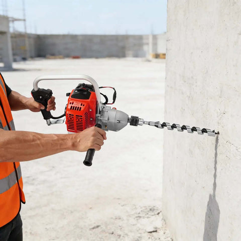 Kickass 25.4cc Gasoline Punch Drill And Concrete Breaker Kit used for chiseling concrete wall, showcasing the sharp tungsten bit in action.