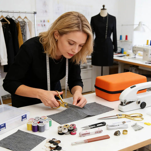 Woman using Portable Handheld Sewing Machine Kit For Beginners And Adults With Orange Leather Case, cutting fabric with scissors