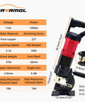 Beefy 22 Ton Electric Hydraulic Hole Puncher With 1400W Copper Motor, 110V, shown with specifications and dimensions.