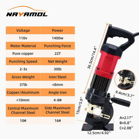 Beefy 22 Ton Electric Hydraulic Hole Puncher With 1400W Copper Motor, 110V, shown with specifications and dimensions.