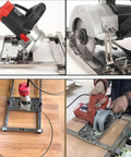 Straight Up Precision Dual Rail Edge Guide For Circular Saw with circular and straight cuts in use on wooden boards.