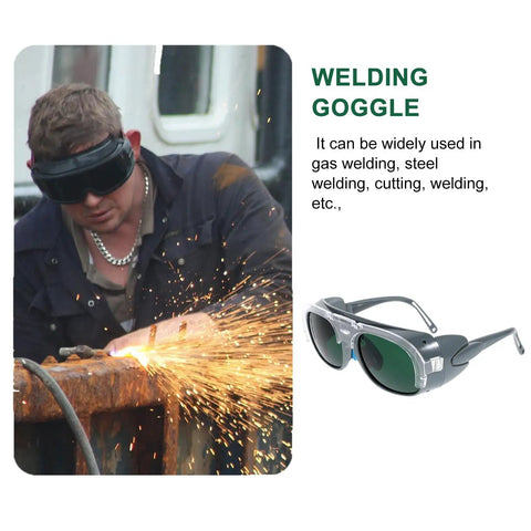 Badass Welding Glasses With Anti Glare Black And Gray Lenses Rock Solid Safety Goggles Built Tough For Industrial Dust And Splash Protection Sick Shop Eye Shield Two Pack worn by a man welding, sparks flying.