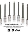 Set of 7 extra long ball end hex bit sockets for three eighths inch drive, 3-10mm, S2 alloy steel, premium durability and wear resistance.