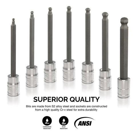 Set of 7 extra long ball end hex bit sockets for three eighths inch drive, 3-10mm, S2 alloy steel, premium durability and wear resistance.