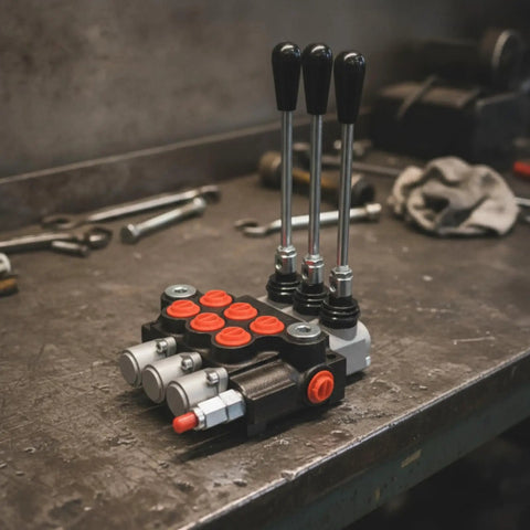 Heavy Duty Manual Hydraulic Directional Control Valve Block Featuring A Rock Solid Cast Iron Housing And Comfortable Lever Actuator for tractor gear on workshop table.