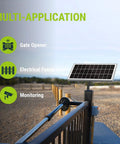 Image of 15W 12V Solar Panel For Automatic Gate Openers Fits Mighty Mule Systems installed on a gate with multi-application icons.