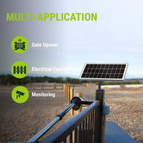 Image of 15W 12V Solar Panel For Automatic Gate Openers Fits Mighty Mule Systems installed on a gate with multi-application icons.