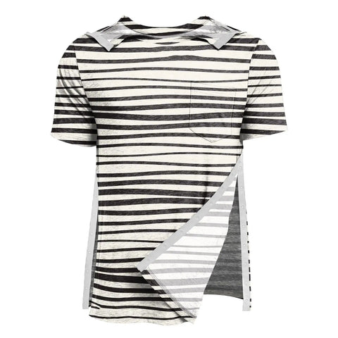 Post Op Shoulder Surgery Recovery Shirt For Men With Side Snaps And Tear Away Design, striped soft fabric, frontal view