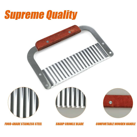 Front view of two-pack stainless steel crinkle cutters with wooden handles; wavy blades for potato and vegetable slicing