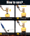 Steps showing setup and operation of Triple Flame Turbo Torch Head With High Output Heat For Welding Brazing And Soldering 25590 BTU 2372F 1300C