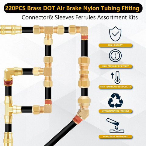 220-piece brass DOT air fittings kit with push-to-connect connectors and nylon tubing sleeves