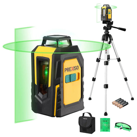 High-Performance 360 Degree Self-Leveling Green Cross Line Laser Level with Sturdy Tripod and Essential Accessories, Perfect for Pro Construction, Floor Tiling, Home Renovation and DIY Projects, Includes Bright Green Laser Modes, Target Plate, Green. The image shows a laser level with tripod, batteries, case, and glasses.