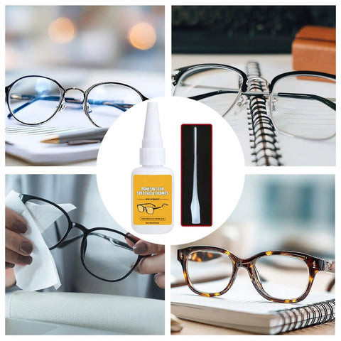 Eyewear Frames Repair Glue With Fine Tip Quick Bonding for eyeglass temples, shown with various glasses on notebooks and cleaning cloth.