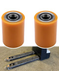 Premium Load Wheel Kit For WP 3000 Electric Pallet Jack Lift, Heavy Duty Replacement Wheels, shown with pallet jack