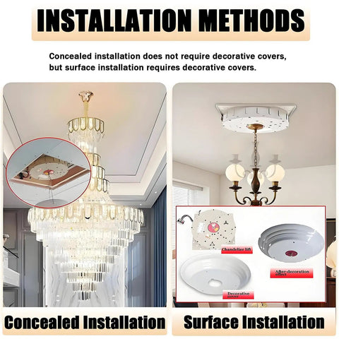 Installation methods for Heavy Duty Electric Chandelier Hoist Lifter System With Remote 330 Lbs Capacity, concealed and surface installation.