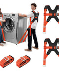 Two Person Moving Straps Kit For Heavy Duty Furniture And Appliances With Shoulder Lifting System Back Support Vest Up To 800 Lbs 120 Inch Round Sling Durable Orange Polyester shown with washing machine