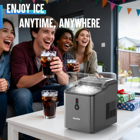 Four friends enjoying drinks with ice next to a Countertop Nugget Ice Maker Pebble Ice Machine in a lively home setting.