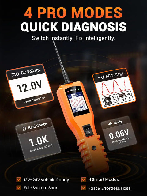 Front view of All In One Power Circuit Probe Kit For Cars And Trucks 12V 24V Automotive Circuit Tester with digital display showing voltage and resistance.