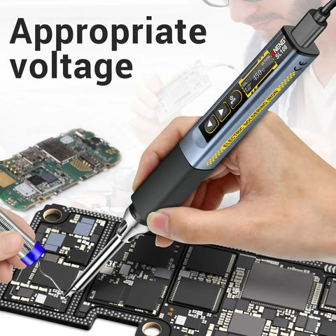 USB Powered Soldering Iron Kit With Fast 3 Second Heat, 95W in use on electronic circuit board, LED display showing temperature
