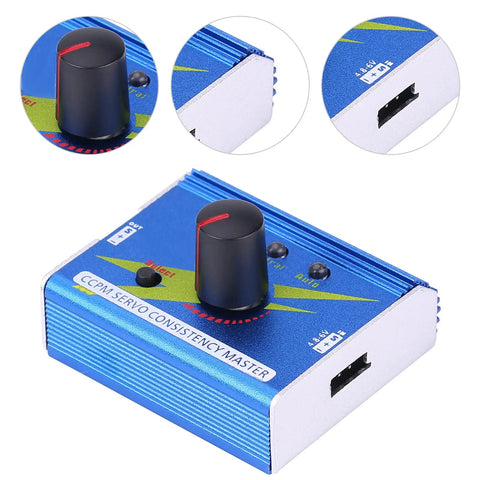 Dope Servo Tester And Controller For RC Gear, blue compact device with manual and auto modes, front view showing control knob and ports