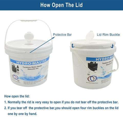 Tankless Water Heater Flush Kit With Submersible Pump, 3.2 Gallon Pail With Screw Top Lid, instructional guide on lid opening