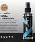 EVEO eyeglass cleaner spray bottle with blue/black label, 2 fl oz (59 mL), clear bottle and spray top, front view