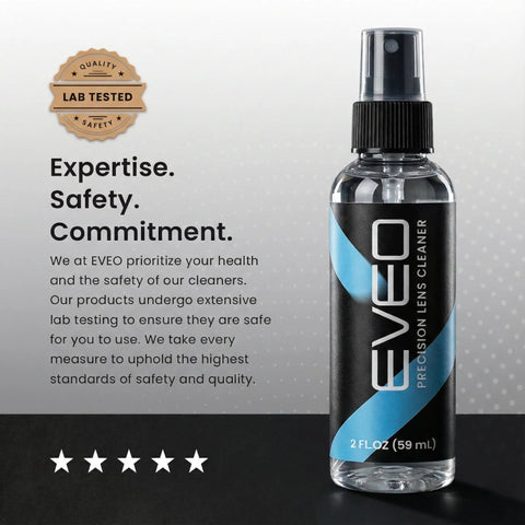 EVEO eyeglass cleaner spray bottle with blue/black label, 2 fl oz (59 mL), clear bottle and spray top, front view