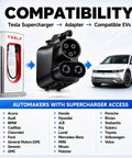 Plug And Go Nacs To Ccs1 Ev Adapter 500Amp 1000V Dc Fast Charger for Tesla Superchargers with compatibility chart.