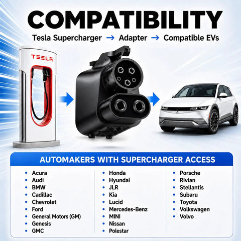 Plug And Go Nacs To Ccs1 Ev Adapter 500Amp 1000V Dc Fast Charger for Tesla Superchargers with compatibility chart.