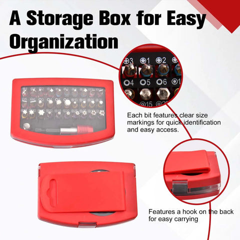 Dope 32-Piece Screwdriver Bit Set For Any Home DIY Job Includes Hex Slotted Phillips Torx Star Security Heads Plus Adapter And Locking Extension To Bust Furniture Assembly Easy.. red storage case with labeled bit slots and hook back