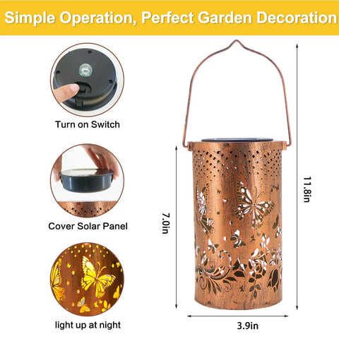 Outdoor Solar Lanterns Hanging Light With Butterfly Pattern Waterproof Led Garden Decor dimensions and features shown