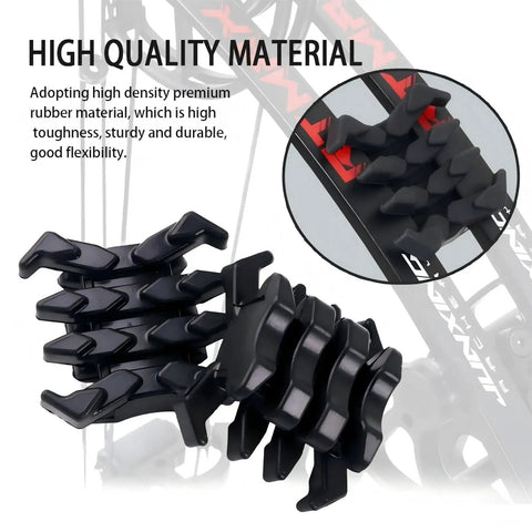 Close-up of archery noise dampeners for compound bow and crossbow, highlighting high-density premium rubber material.