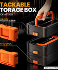 Stackable storage box with quick-attach mechanism, orange auto lock and unlock buttons, and ergonomic handle, size 264x178x81mm