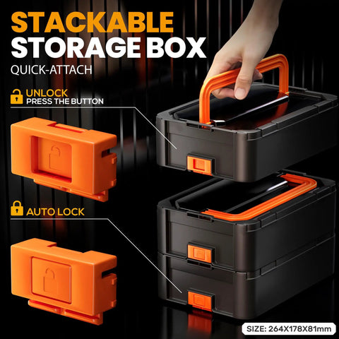 Stackable storage box with quick-attach mechanism, orange auto lock and unlock buttons, and ergonomic handle, size 264x178x81mm