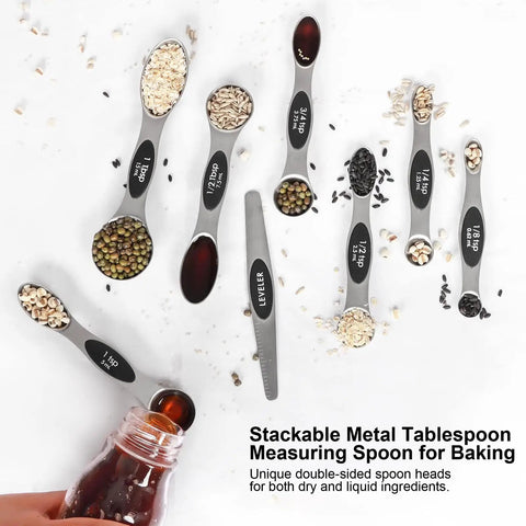 Magnetic Measuring Spoons Set Stainless Steel With Leveler Seven Piece Double Headed Spoons for baking and cooking