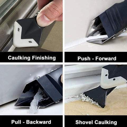 Silicone Caulking Tool Kit 3 In 1 Caulk Remover And Grout Removal Tool with Glass Glue Angle Scrapers in use from various angles.