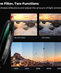 95mm Variable ND And CPL Filter 2 In 1 for Camera Lens with sky and reflection comparisons